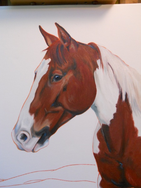 Working on his chest and mane.  Painting white on a white canvas is always fun.